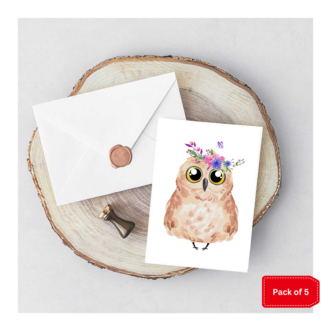 Pack of 5 Cute Notelet Cards with Envelopes - Floral Owl Artwork - Blank Inside - A6 Size