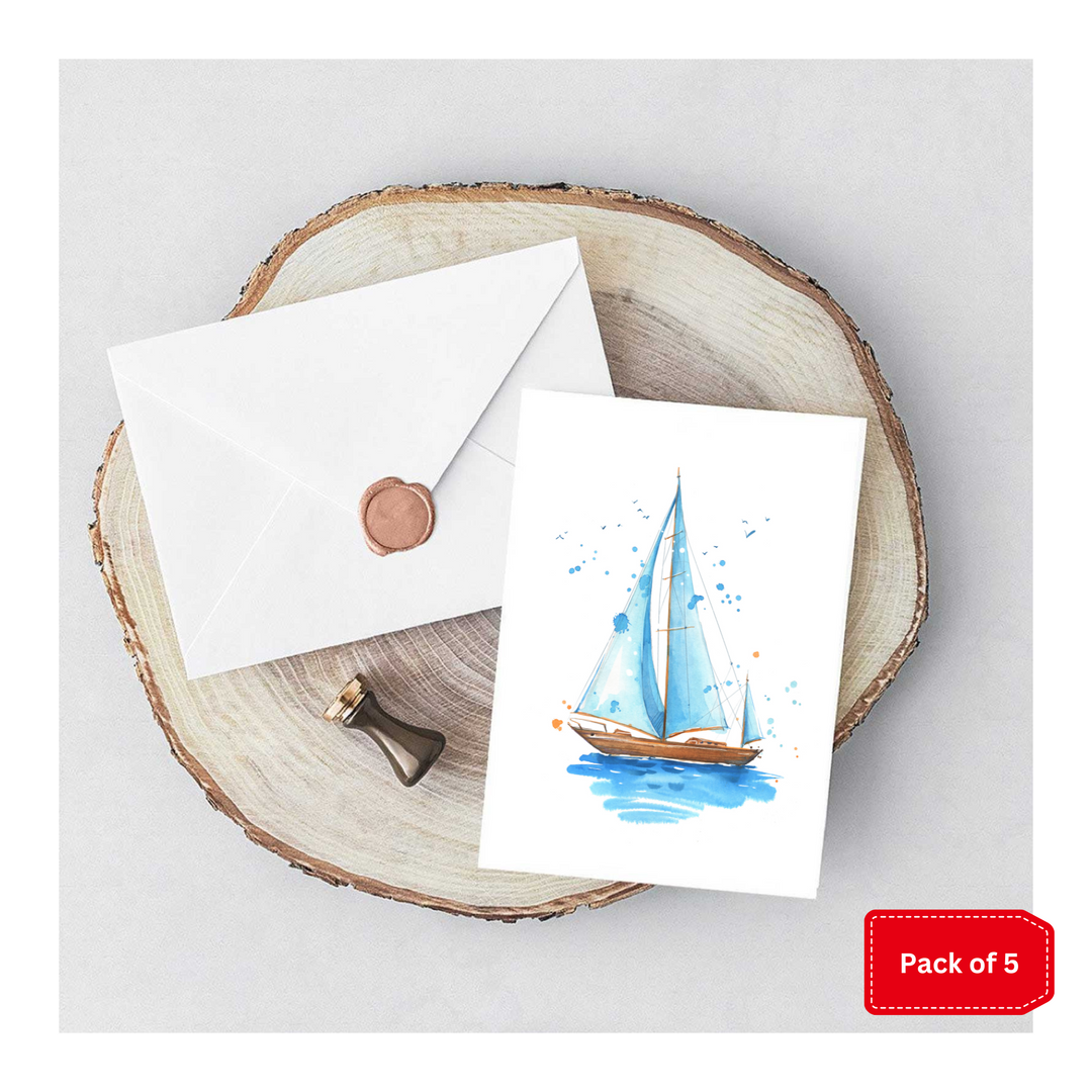 Pack of 5 Cute Notelet Cards with Envelopes - Nautical Ship Artwork - Blank Inside - A6 Size