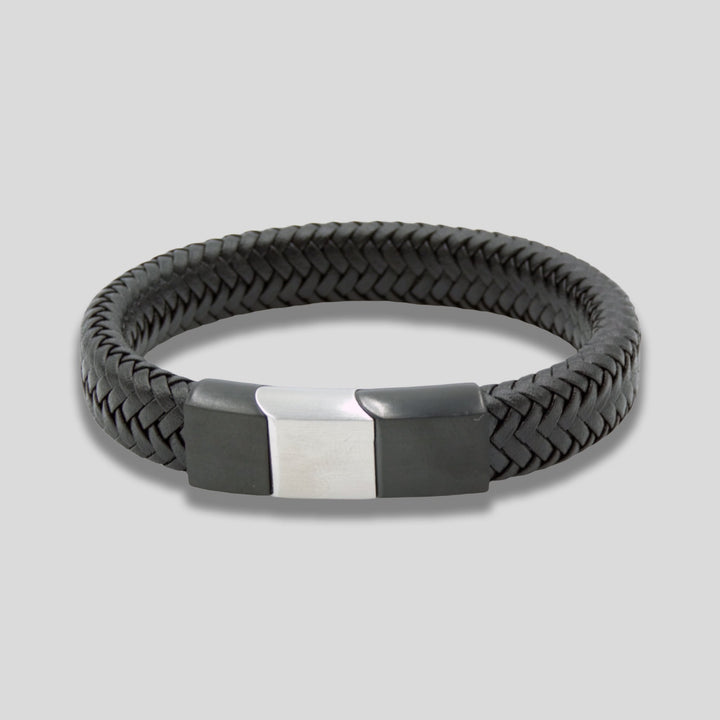 Black Leather Bracelet with Black and Silver Clasp