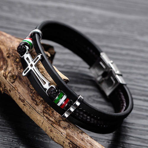 Multi Layer Leather Stainless Steel Cross