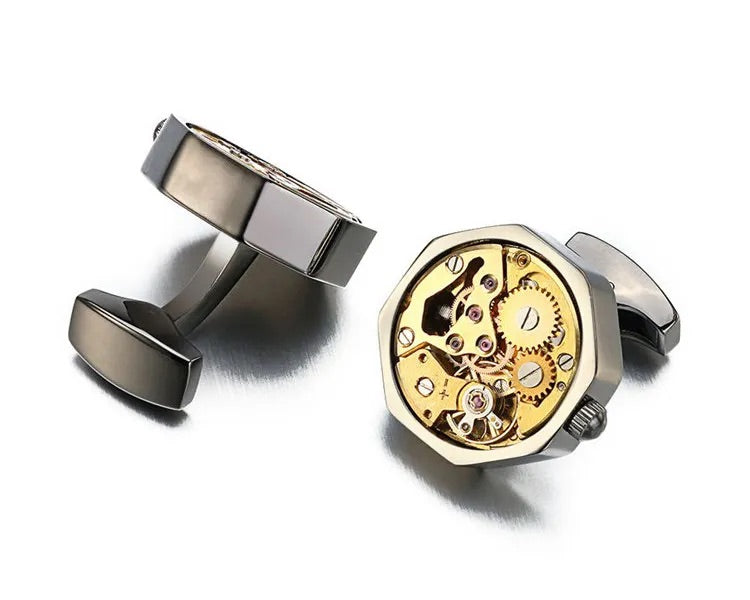 Octagon Watch Movement Black & Gold Cufflinks