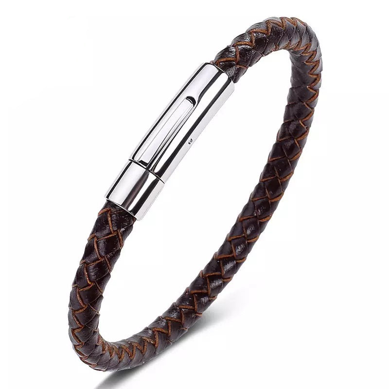 Single Silver Clasp Brown Leather Bracelet
