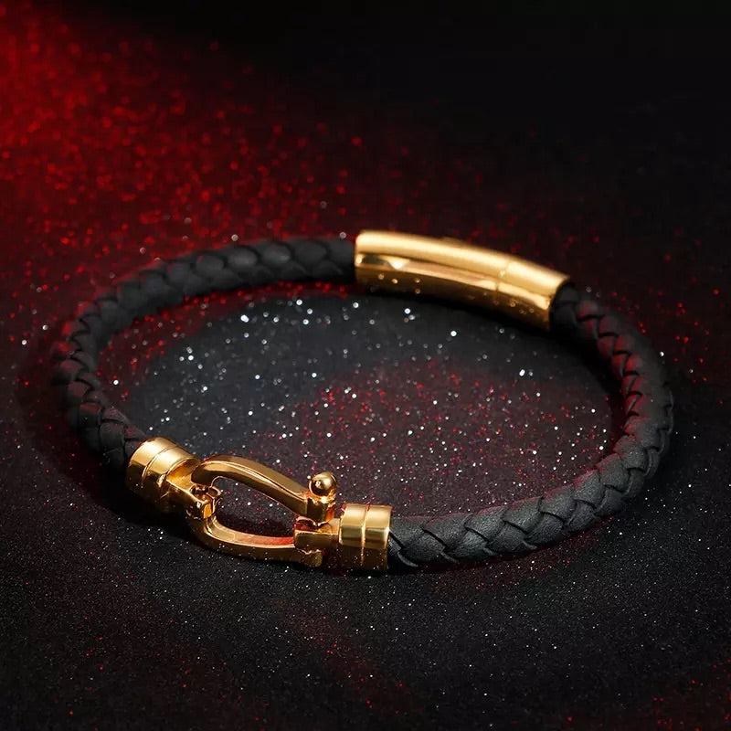 Blair Atholl Gold & Black Leather Bracelet