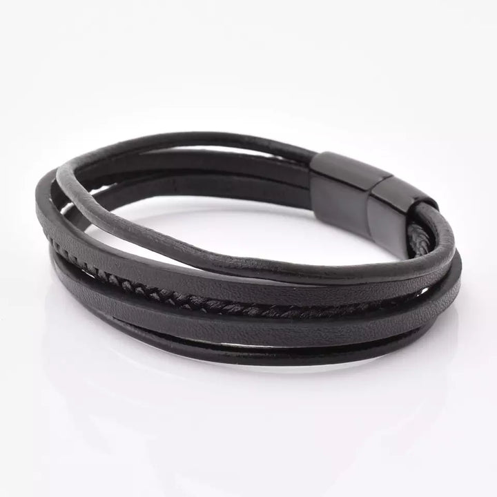 Black Multi Layer Leather Bracelet Silver Clasp