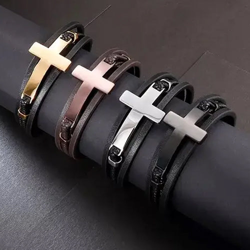 Gold Multi-Layer Steel Cross Leather Bracelet For Men