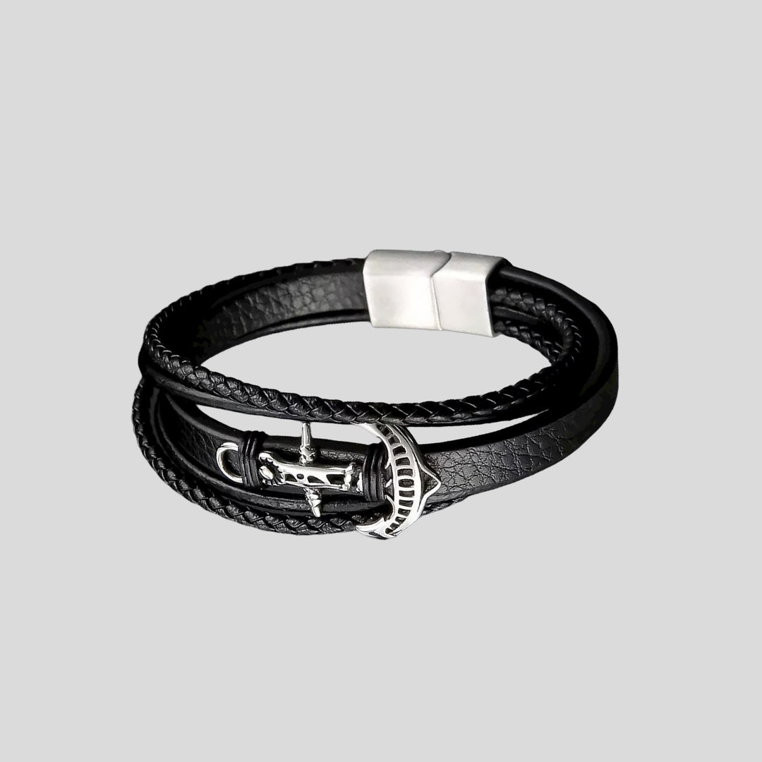 Black Leather Titanium Anchor Multi Strand Bracelet