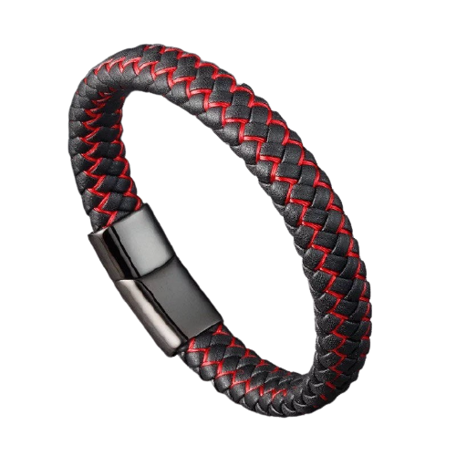 Simple Red & Black Leather Mens Bracelet